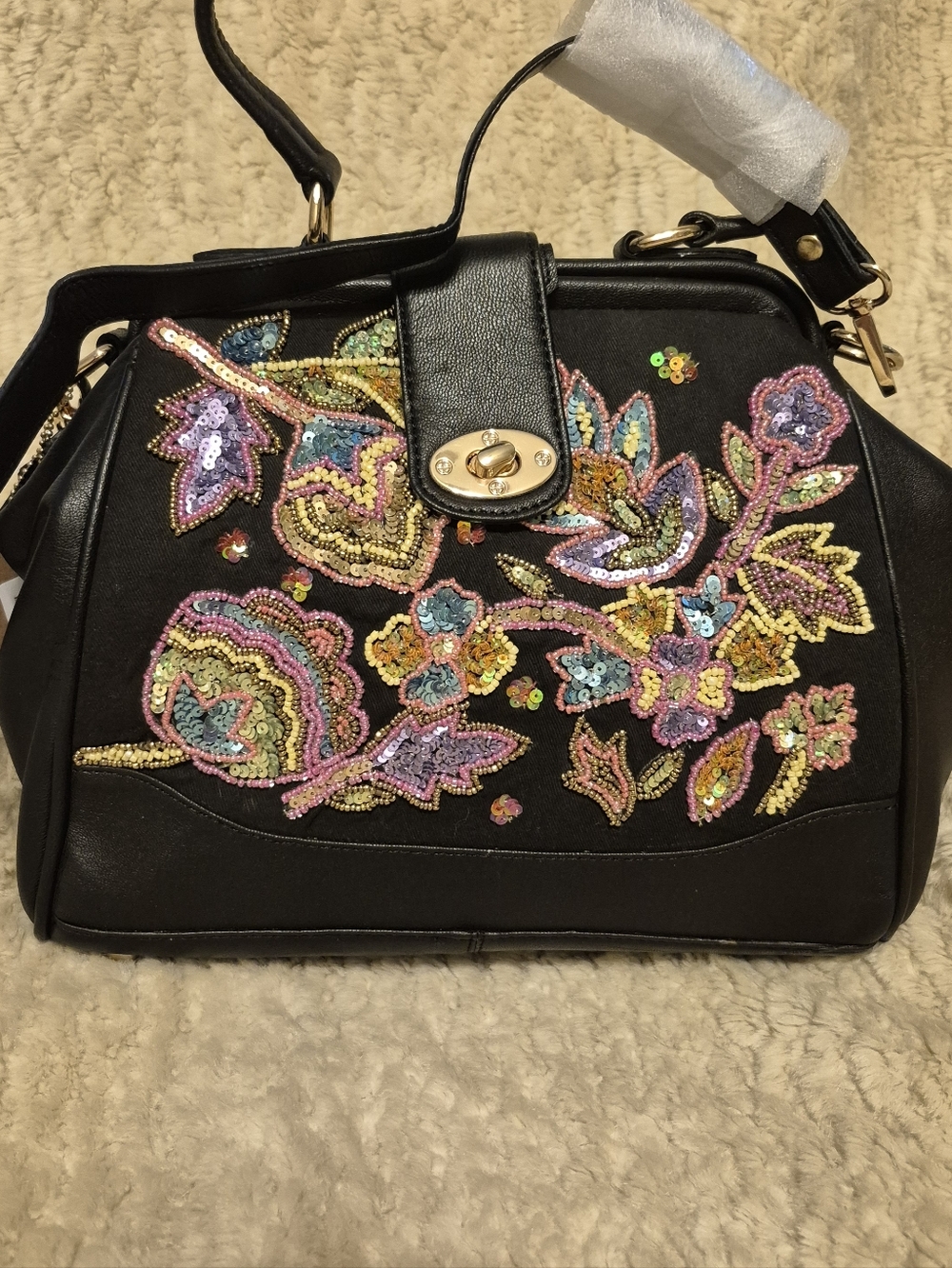 Genuine Black Leather Sequin Satchel Handbag